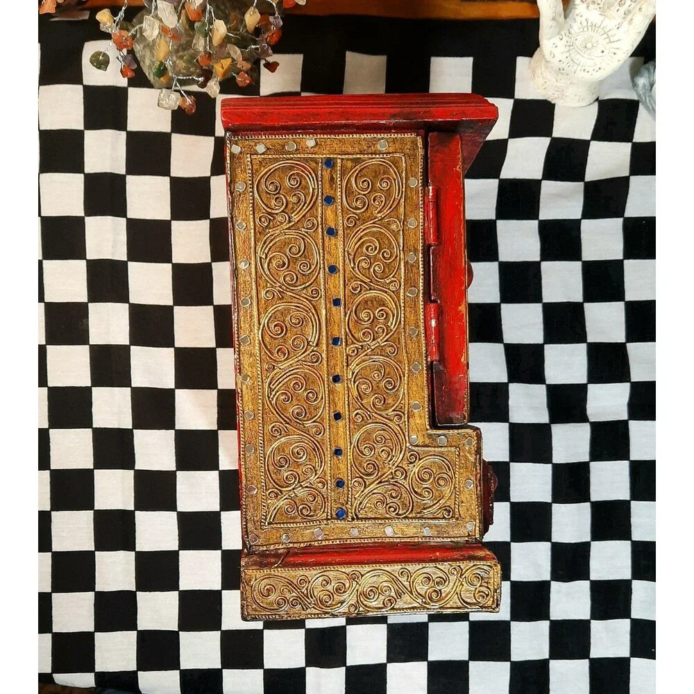 Vintage Handcrafted Thai Lanna Wooden Jewelry Box Armoire